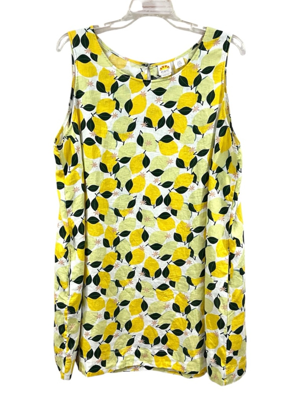 C&C California 100% Linen Lemon Lime Fruit Leaf Sleeveless Shift Dress w Pockets